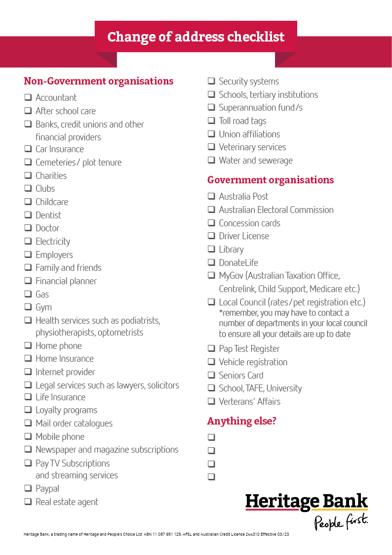 Moving House Change of Address checklist